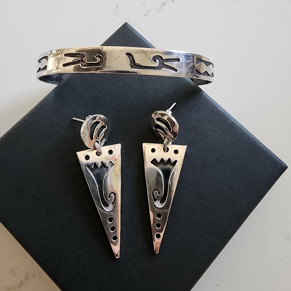 Silver Cuff Bracelet & Earrings with Geometric Design